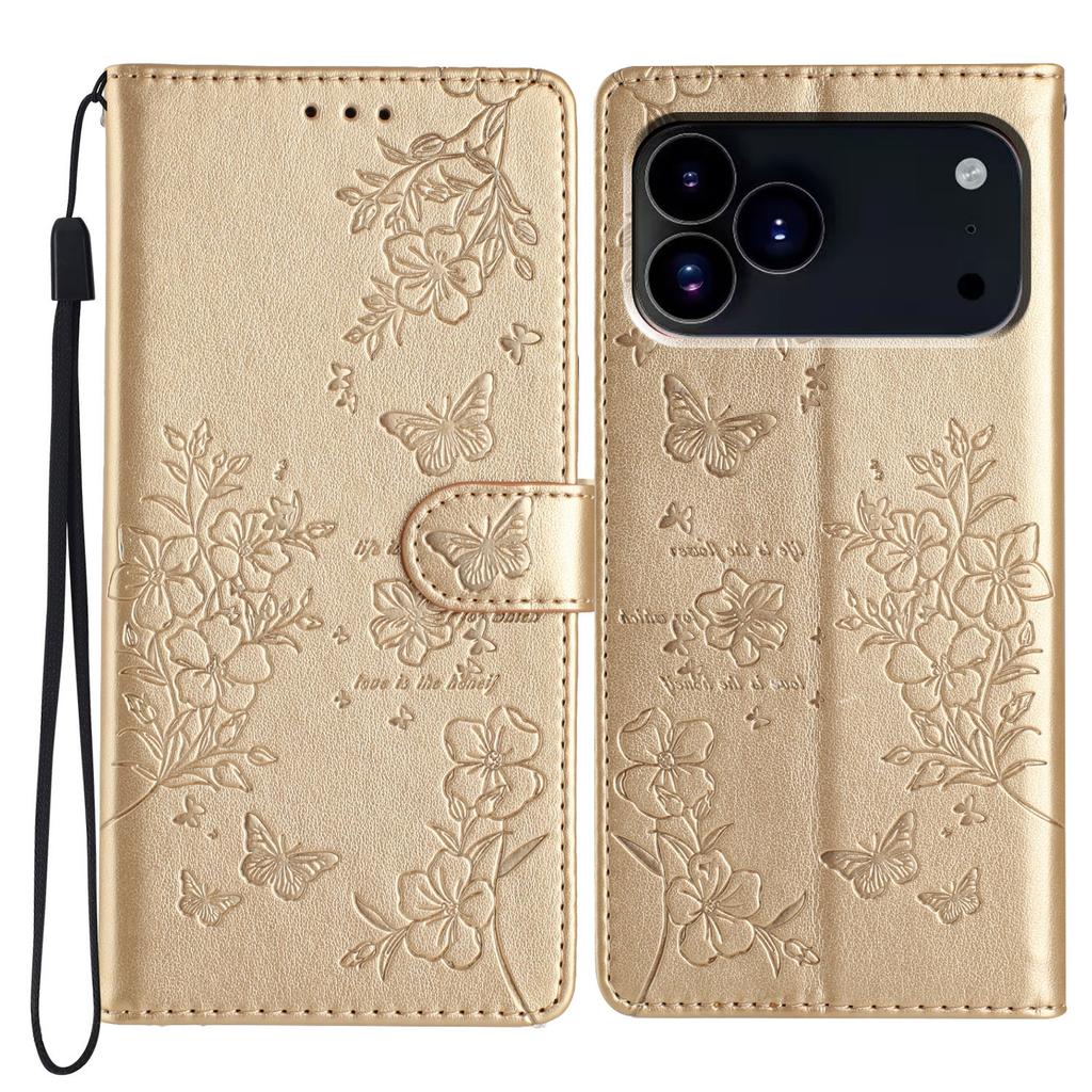 For iPhone 17 Pro Max Wallet Phone Case Butterfly Floral Imprint Leather Flip Cover with Strap