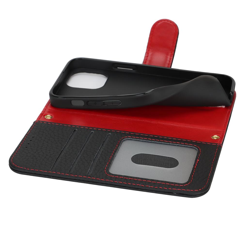 For iPhone 13 Mini Stand Case Litchi Texture Genuine Cow Leather Wallet Phone Cover RFID Blocking