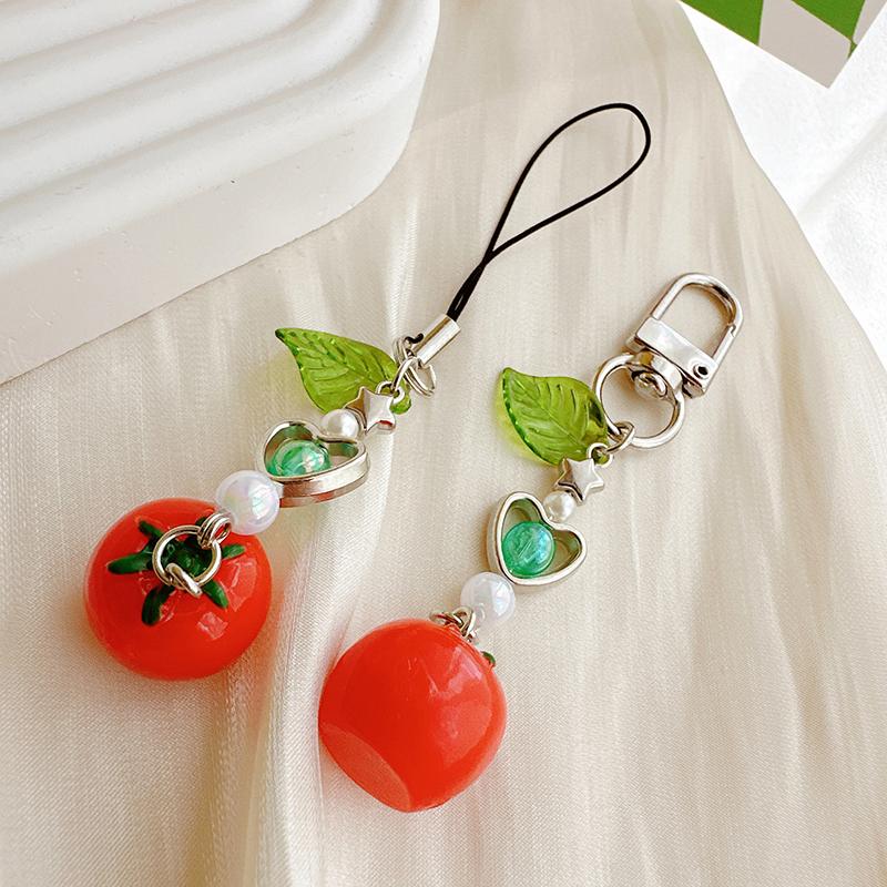 Cherry Tomato Pendant Keyring Sweet Keychain Backpack Decoration Bowknot Keyholder Phone Chain Jewelry Ornament Accessories