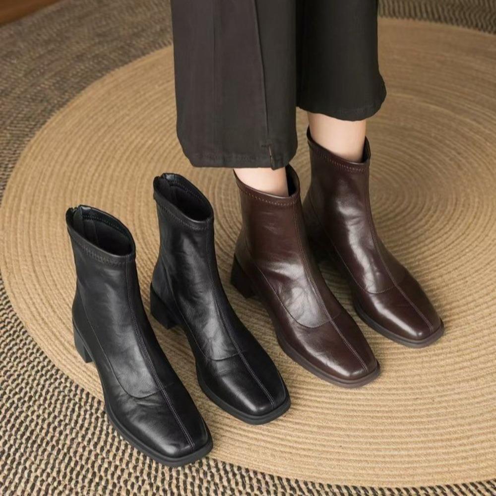 Women Autumn Vintage Elastic Leather Ankle Boots Elegant Thick Heel Slim Fit Soft Short Booties Fashion Shoes