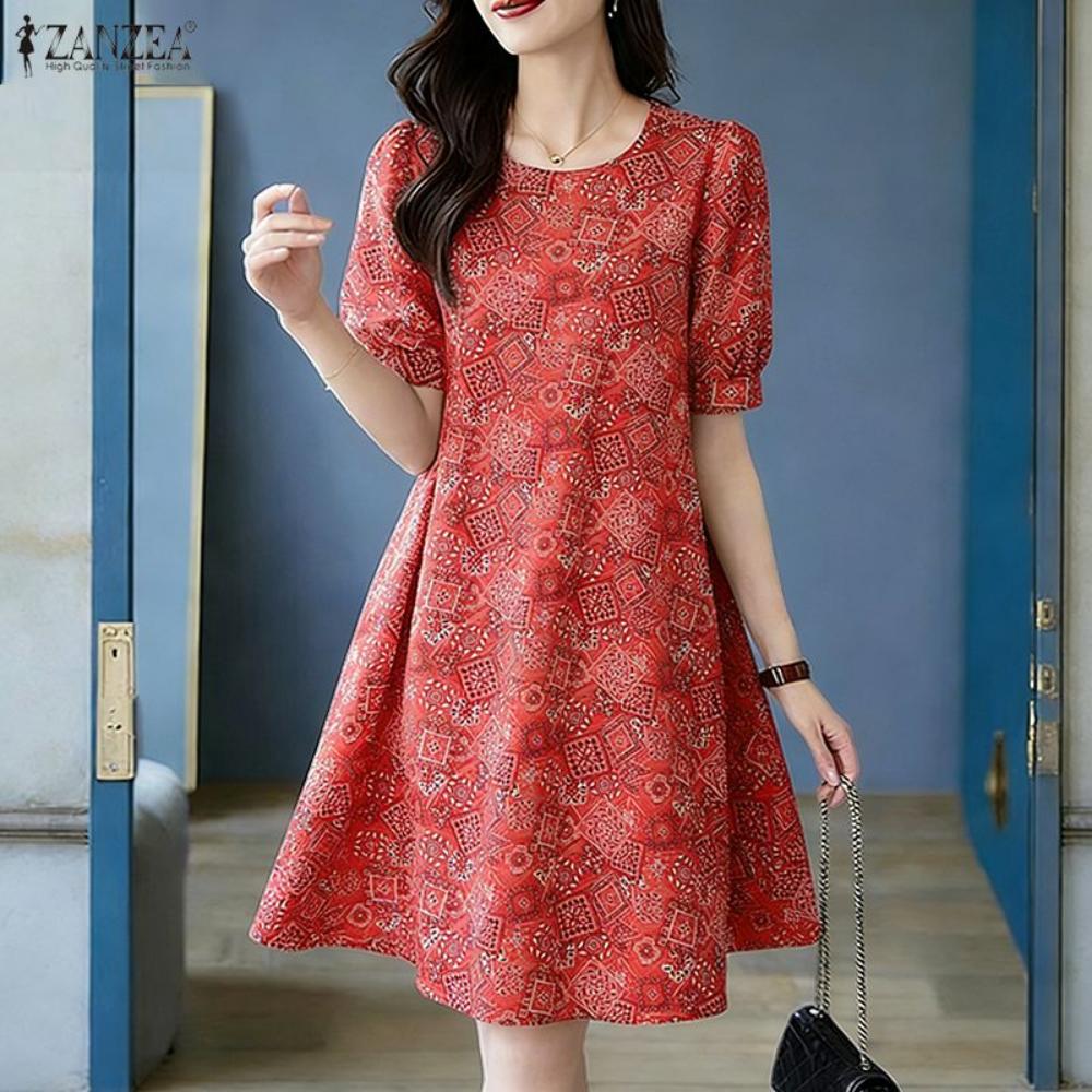 

ZANZEA Women Short Dresses Summer Casual Short Sleeve Vintage Print Mini Vestidos 2026 Fashion O-Neck Beach Sundress Oversized XL