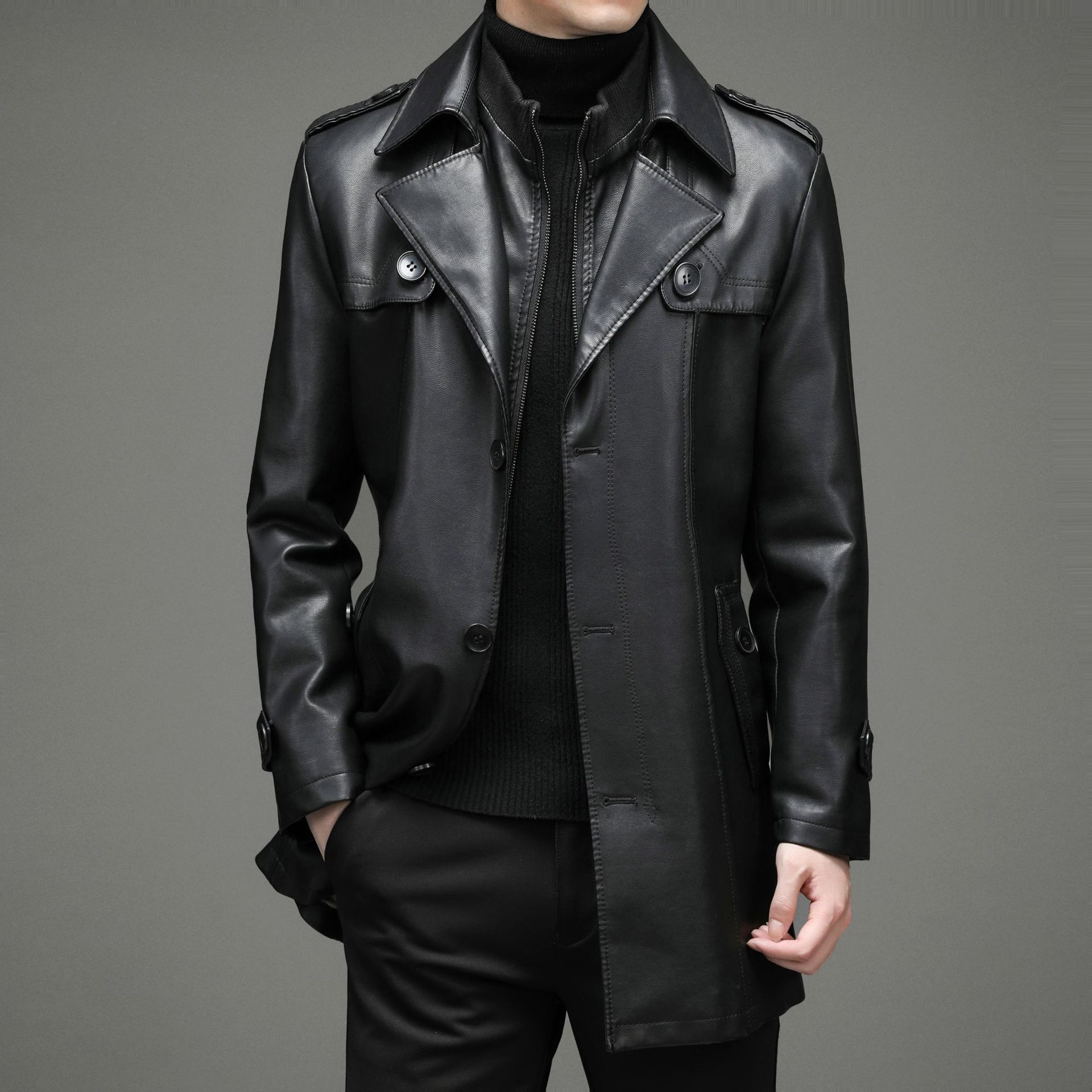 

Осенне-зимняя кожаная куртка средней длины для мужской одежды для отцов, кожаная ветровка для мужчин среднего возраста, деловая повседневная куртка с плюшевой подкладкой 4XL чёрный