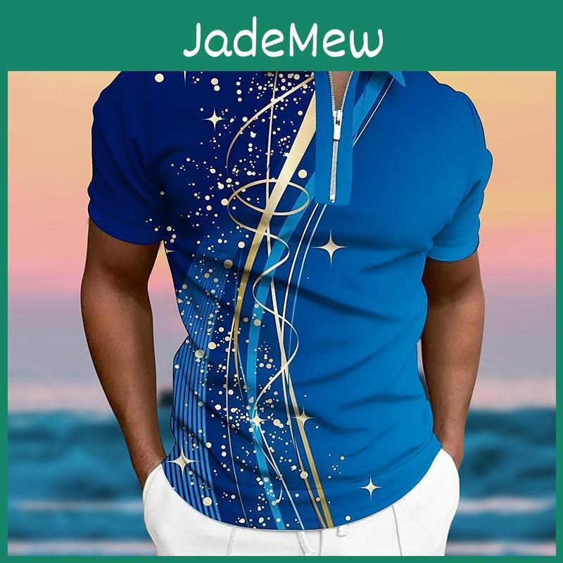 Shirt Polo Zip Casual Mens Short Sleeve Fashion Casual Zipper Summer Spring Regular Fit 3d Blue Curved Starry Sky Print Shirt