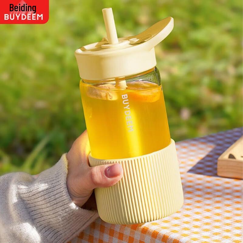 Buydeem Glass Travel Mug with Silicone Sleeve and Straw