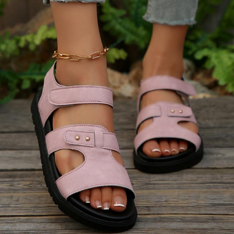 Large size slippers women's summer new one-word solid color casual versatile thick-bottomed Velcro beach cool slippers