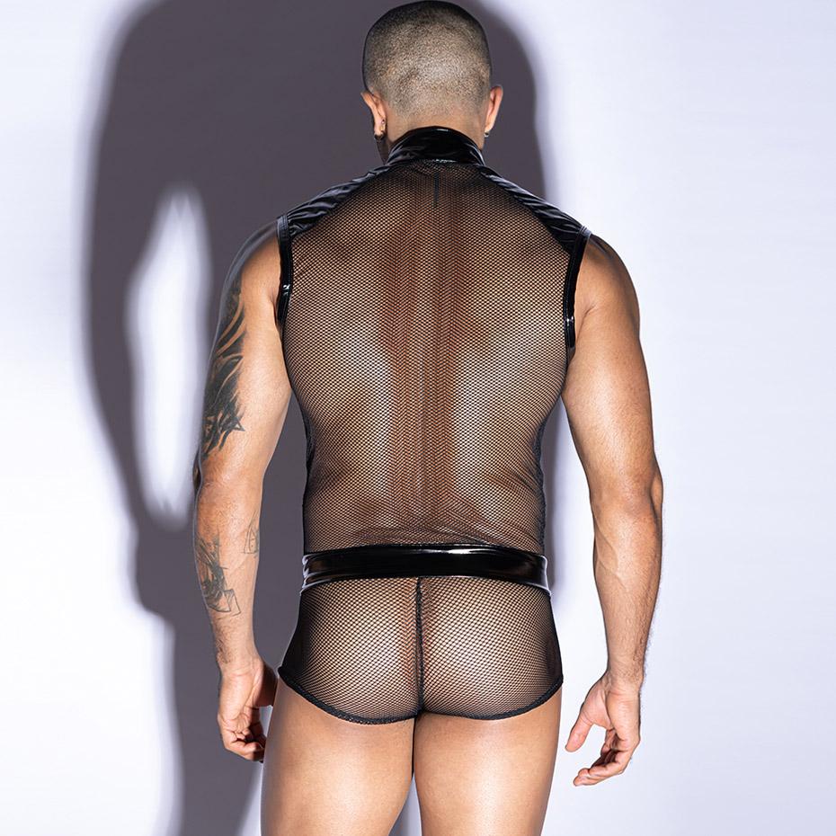 JSY Sexy Lingerie Men Body Underwear Set 2 Pieces Leather Top And Pant Set Bodysuit Nightwear Erotic Lingerie Porno Costume