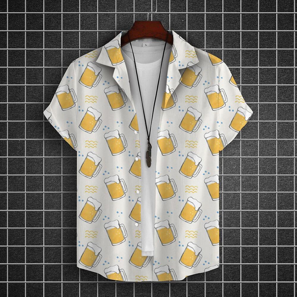 Men's Summer Short Sleeve Hawaiian Shirt Beach Holiday Print Shirt Top 100% Polyester Men's Beer Print Short Sleeve Shirt