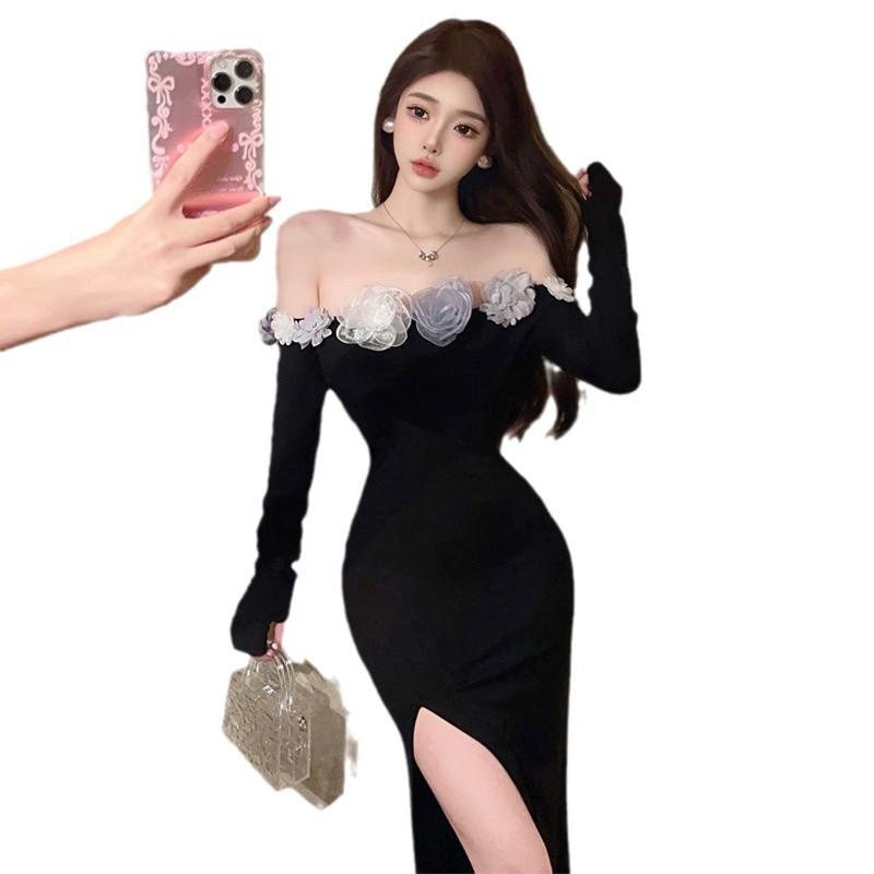 French Sexy Three-dimensional Flower Slim-fitting Split-ended Dress