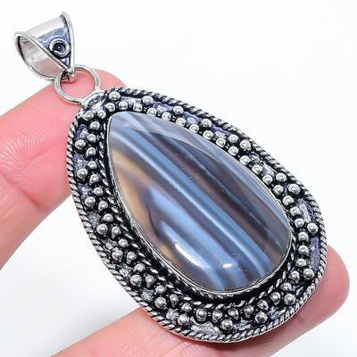 Natural Banded Agate Gemstone Handmade 925 Sterling Silver Pendant 2.76" D6W34