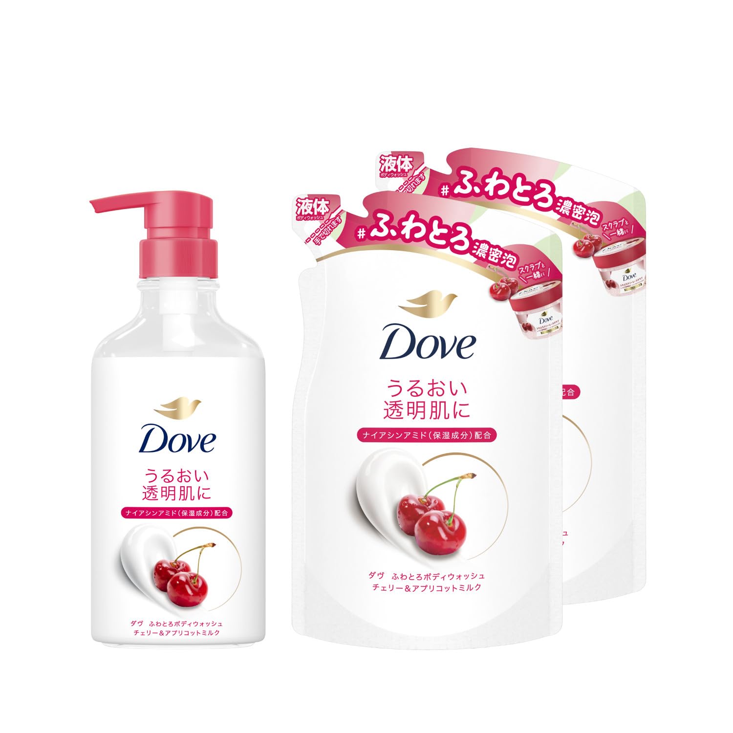 

[Set] Dove Body Soap, Soft & Creamy Body Wash Cherry & Apricot Milk, Bottle + Refill 450g + 340g x 2