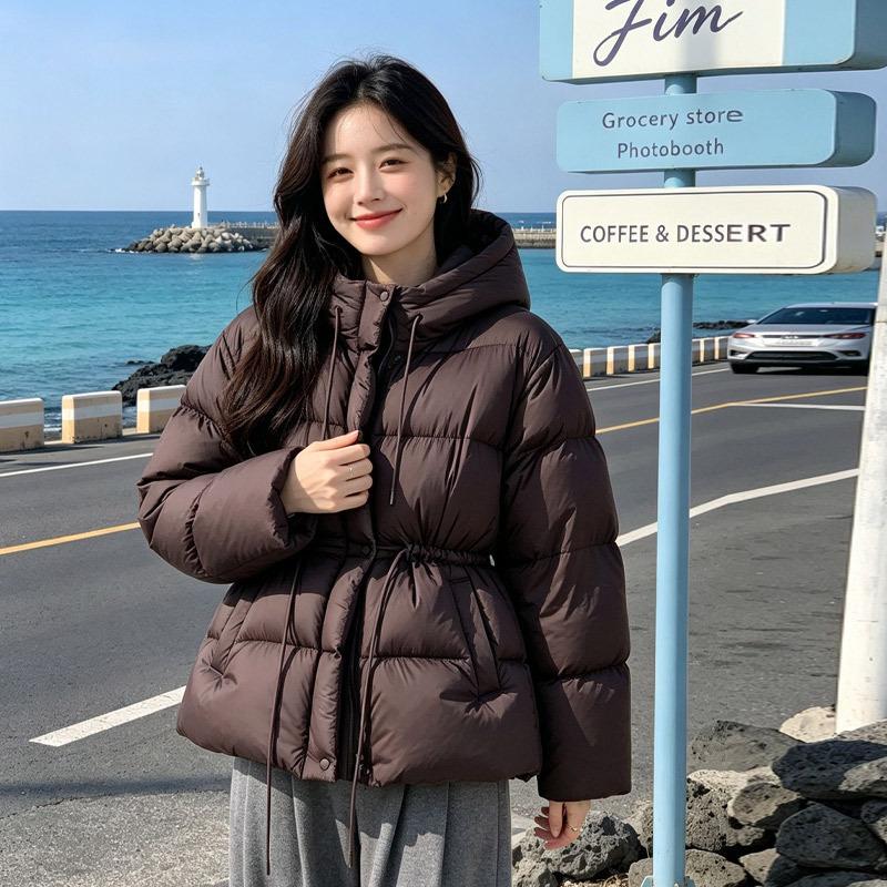 Waist puff down jacket women's new white duck down warm light hooded drawstring thin coat tide
