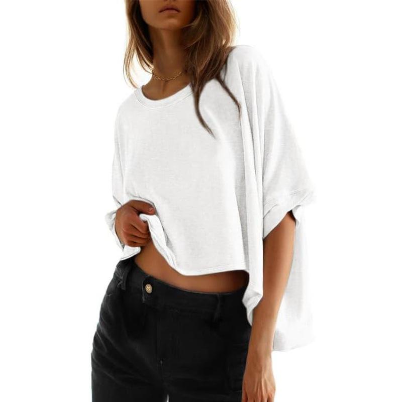 Women Casual Oversized Batwing Sleeve Twisted Asymmetrical Loose Short Sleeve T Shirt S белый