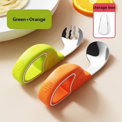 Tenedor y Cuchara para Niños Pequeños de Acero Inoxidable, para Alimentación-Apto para Lavavajillas, Verde, Naranja