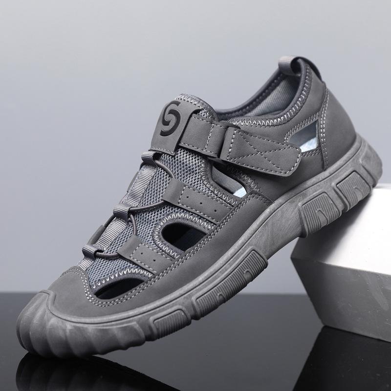 Baotou sandals men's summer new leather mesh casual beach shoes mesh breathable soft bottom hole shoes men