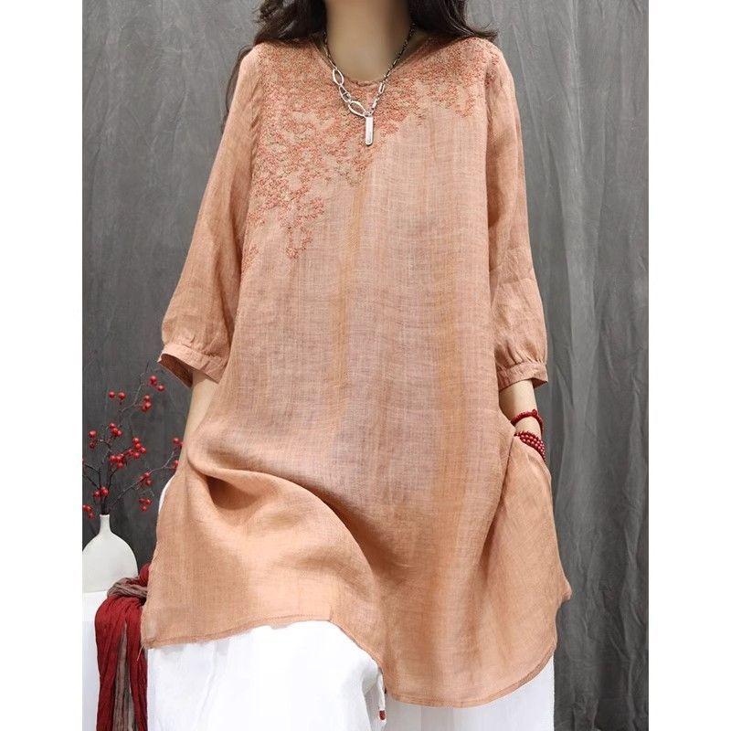 Women Summer Spring Round Neck Half Sleeve Cotton Linen Blend Embroidered Retro Casual Tunic Top