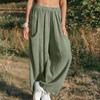Women Elastic High Waist Pant Casual Fit Wide Leg Long Pants Trousers With Pockets