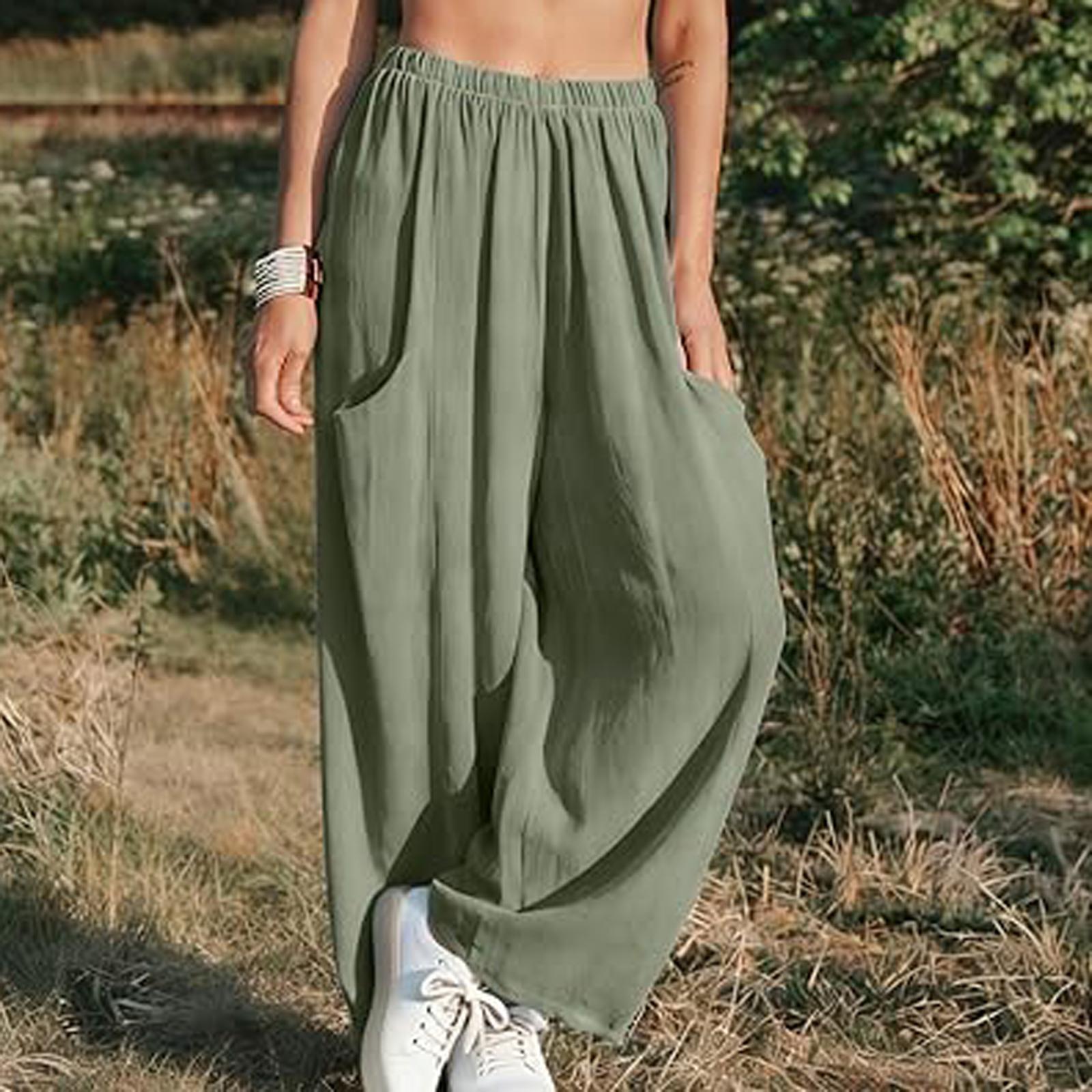 

Women Elastic High Waist Pant Casual Fit Wide Leg Long Pants Trousers With Pockets M зелёный