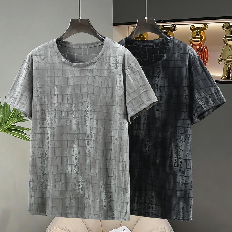 Men's Plus Size Grid Text Print T-Shirt – Textured Short Sleeve Casual Tee (Sizes 5XL-11XL) for Summer Streetwear