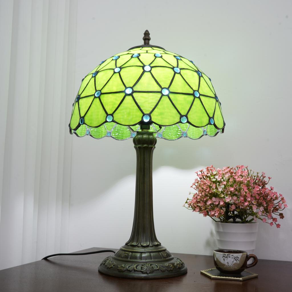 Green Christmas Table Lamp Stained Glass Bedside Table Lamp Desk Reading Light 12 Inches Bedroom Home Office Decor Lamp