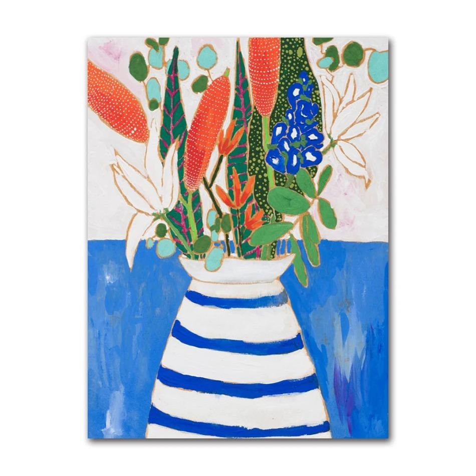 Nordic Flower Leaf Colorful Vase Art Print Wall Poster Canvas Painting Retro Picture Modern Home Decor Bedroom Decoration