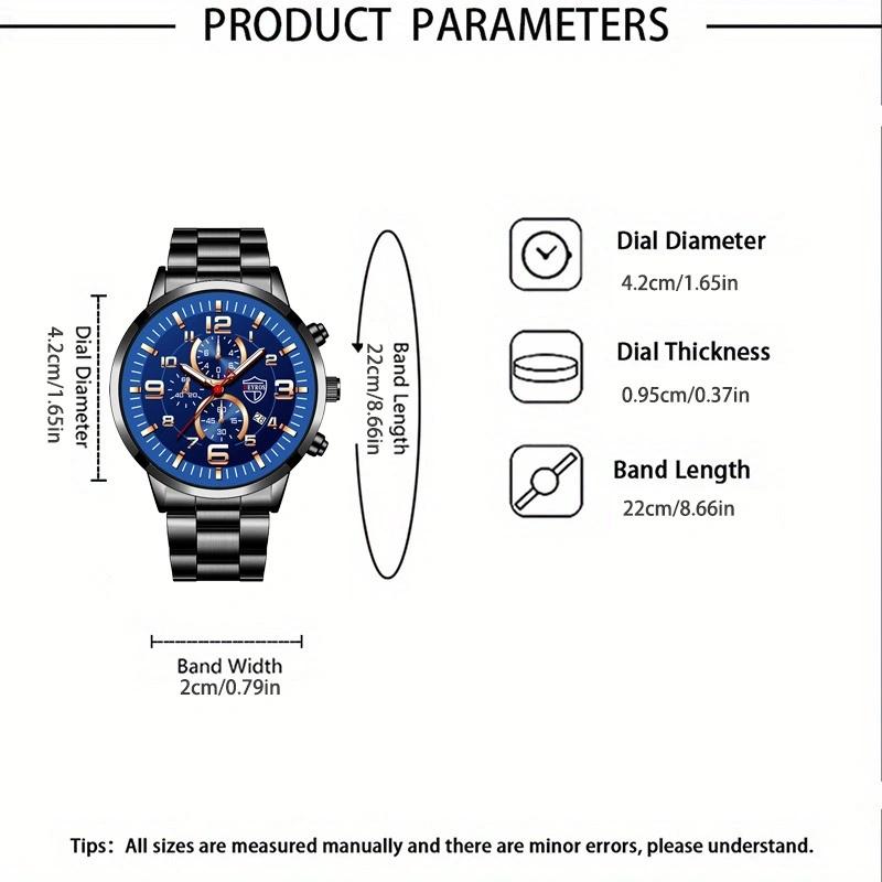 2pcs/set, Fashion Men's Calendar Quartz Watch, Casual Men's Stainless Steel Wrist Watch & Bracelet, Best Gifts for Him