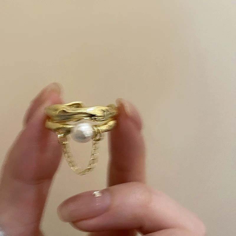 Fashion Zinc Alloy Color Pearl Chain Cuff Ring For Women Couples Simple Metal Double-Layer Adjustable Ring Bride Zircon Gifts