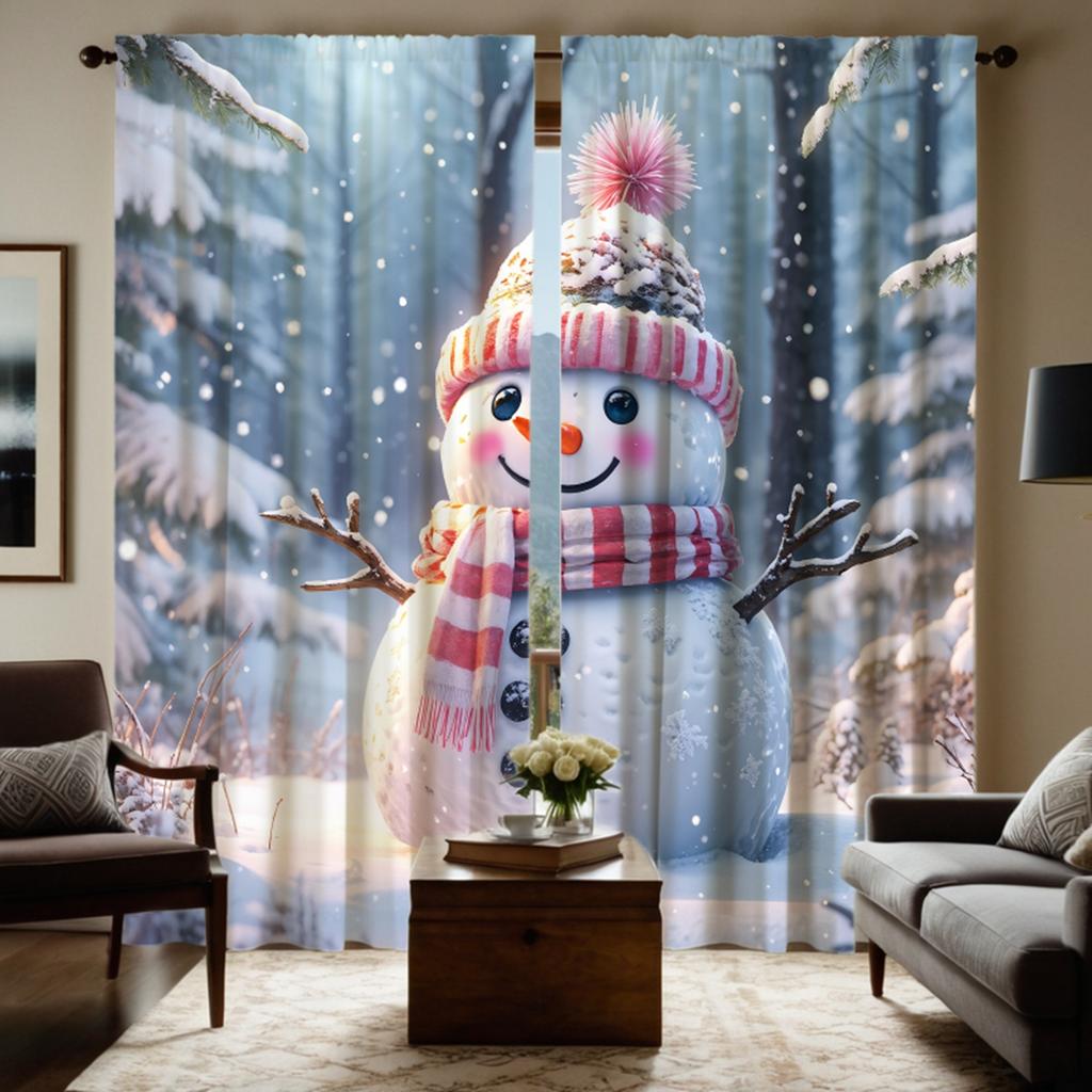 Perdea om de zăpadă de desene animate albă digitală HD din 2 piese pentru exterior, stil decorativ pentru casă, decorare living, dormitor, perdea cu tiv pentru bară