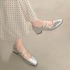 Square Toe Low Heel Women Silvery Mary Jane Shoes Fashion Elegant Belt Buckle Shoes Ladies Comfort Street Style Leather Shoes