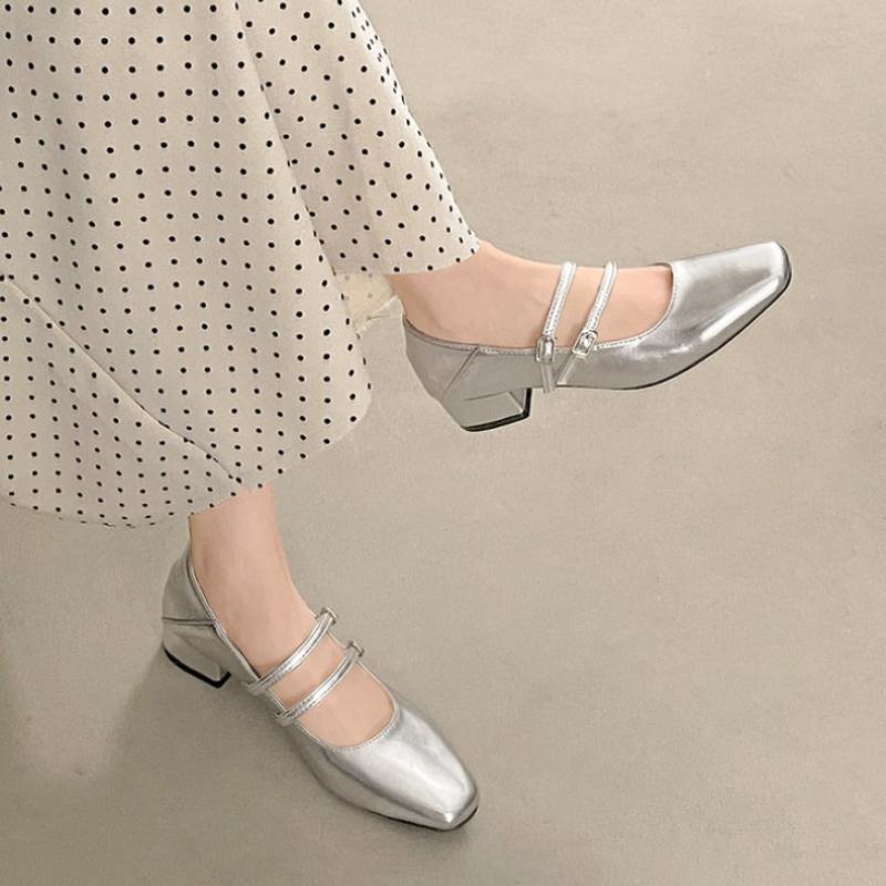 Square Toe Low Heel Women Silvery Mary Jane Shoes Fashion Elegant Belt Buckle Shoes Ladies Comfort Street Style Leather Shoes