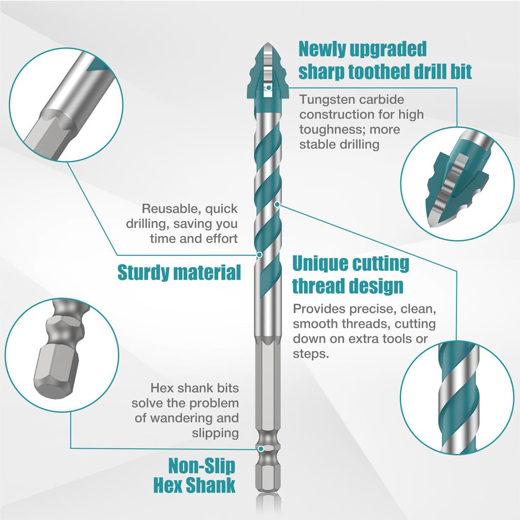 10 Stück Hochfester Exzentrischer Bohrer Vierkant-Sägezahn-Hartmetallbohrer mit 1/4" Sechskantschaft für Betonfliesen-Bohrwerkzeug