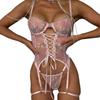 Lace-up body sculpting sexy perspective mesh erotic underwear set leg ring