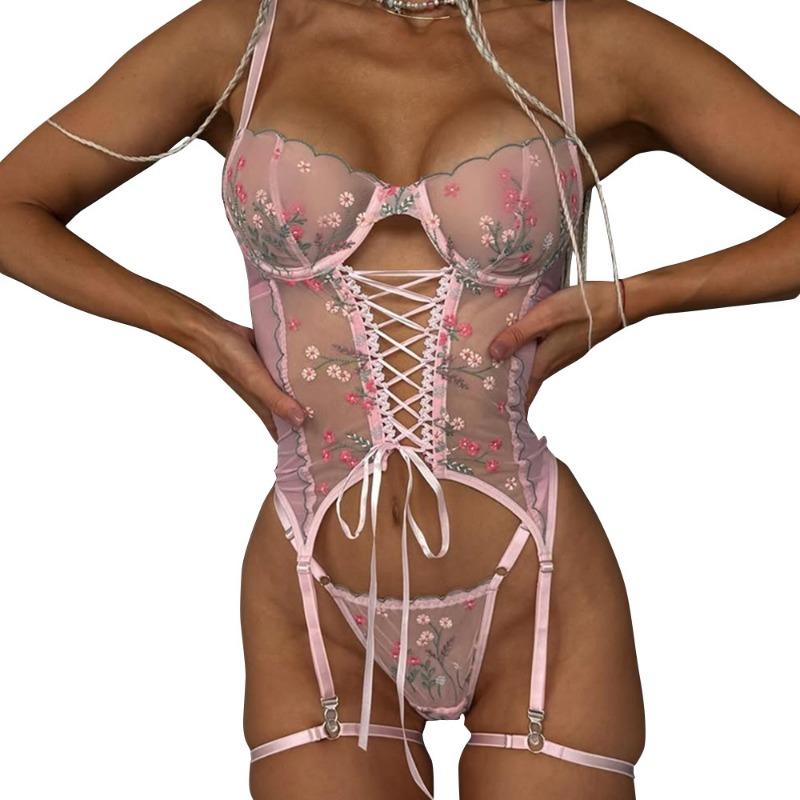 Lace-up body sculpting sexy perspective mesh erotic underwear set leg ring