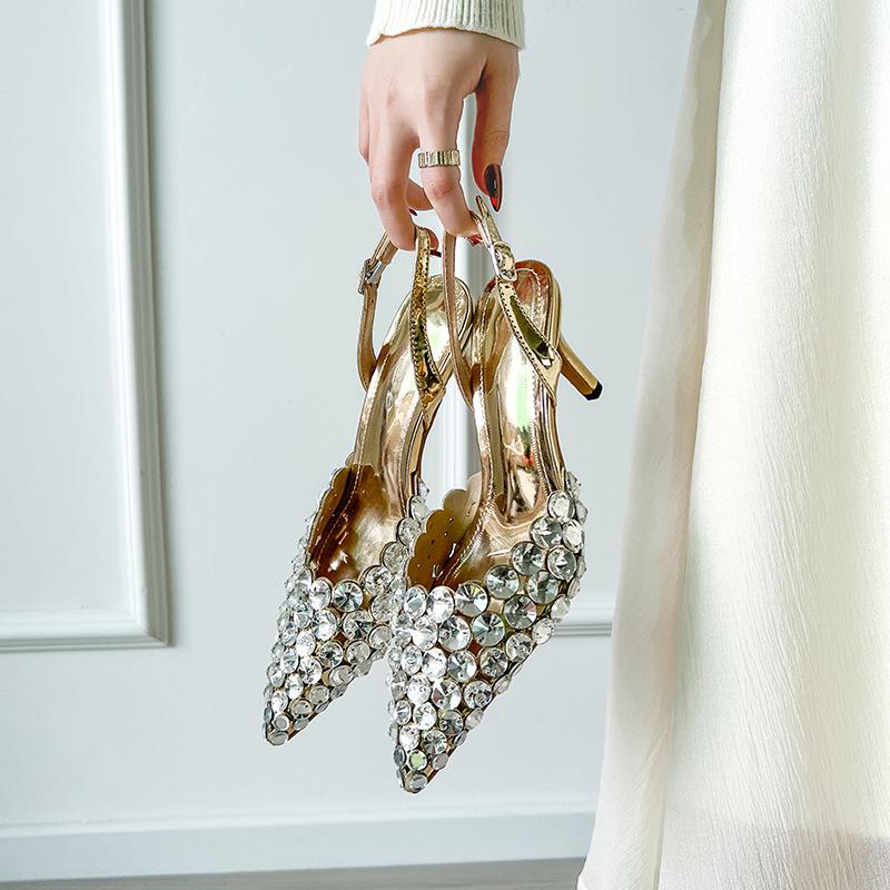 Fashion Luxurious Styles Women Big Rhinestones Stiletto 7.5CM High Heels Sandals Slip On Slingback Ladies Summer Dress Shoes Women