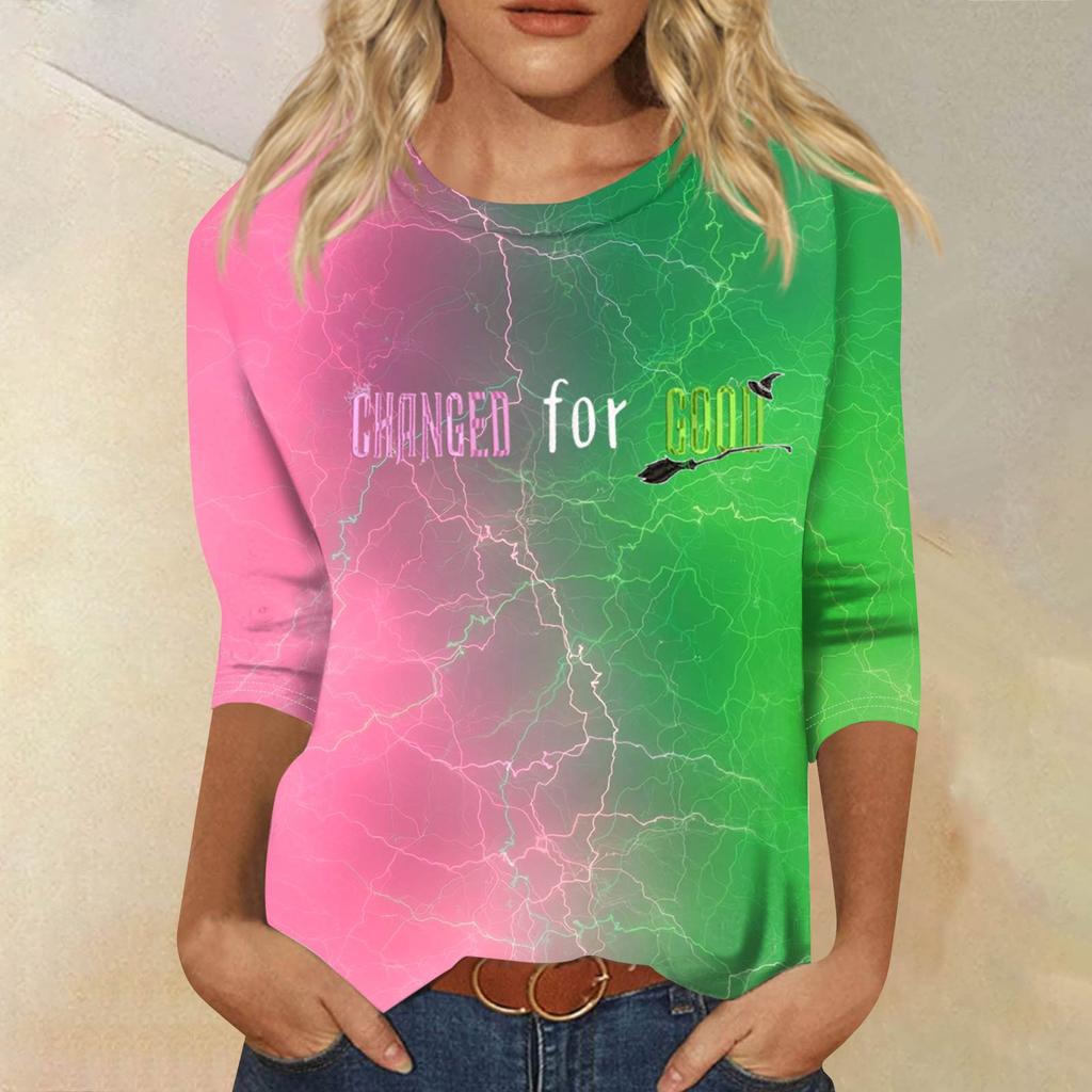 Women's Fashionable Casual Three-Quarter Sleeve Printed Round Neck Top