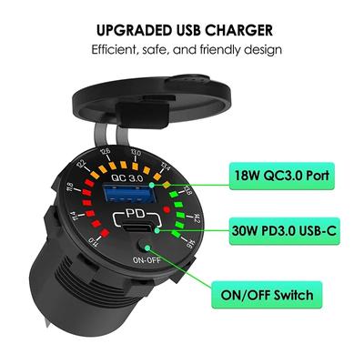 USB-C 48W Car Charger Socket 12/24V QC3.0 & PD Outlet Fast Charging with Voltmeter ON/OFF Power Switch for Car Boat Motorcycle