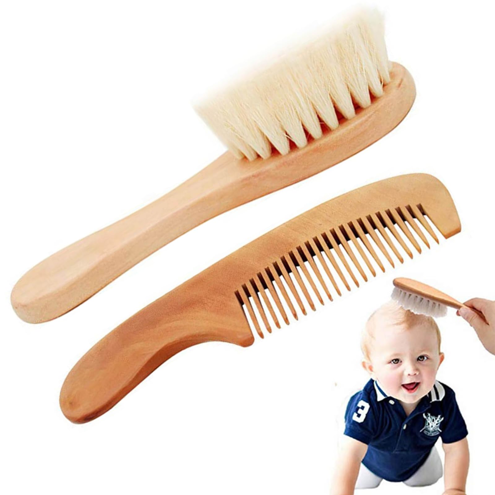 

Набор детских щеток Zhejia из 2 предметов, Детская щетка для плюшевых игрушек, Массажер для кожи головы, Изготовлен из натуральной шерсти и дерева, Набор расчесок для новорожденных способствует кровообращению