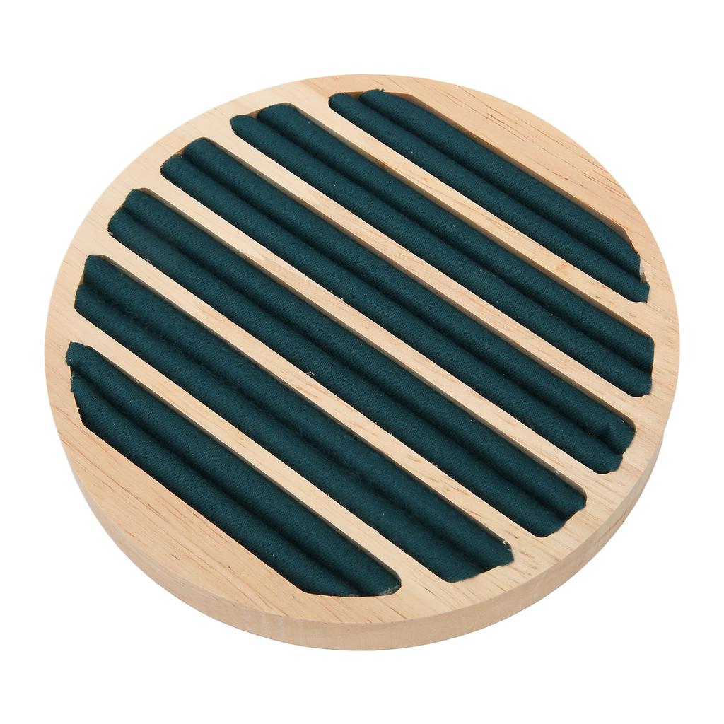 Wood 6 Slots Round Shape Ring Earring Storage Tray Green Flannel Display Jewelry Holder