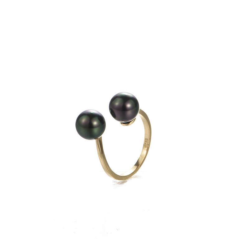 Stylish Adjustable Double Pearl Ring with Tahiti Black and White Asymmetrical Shell for Women