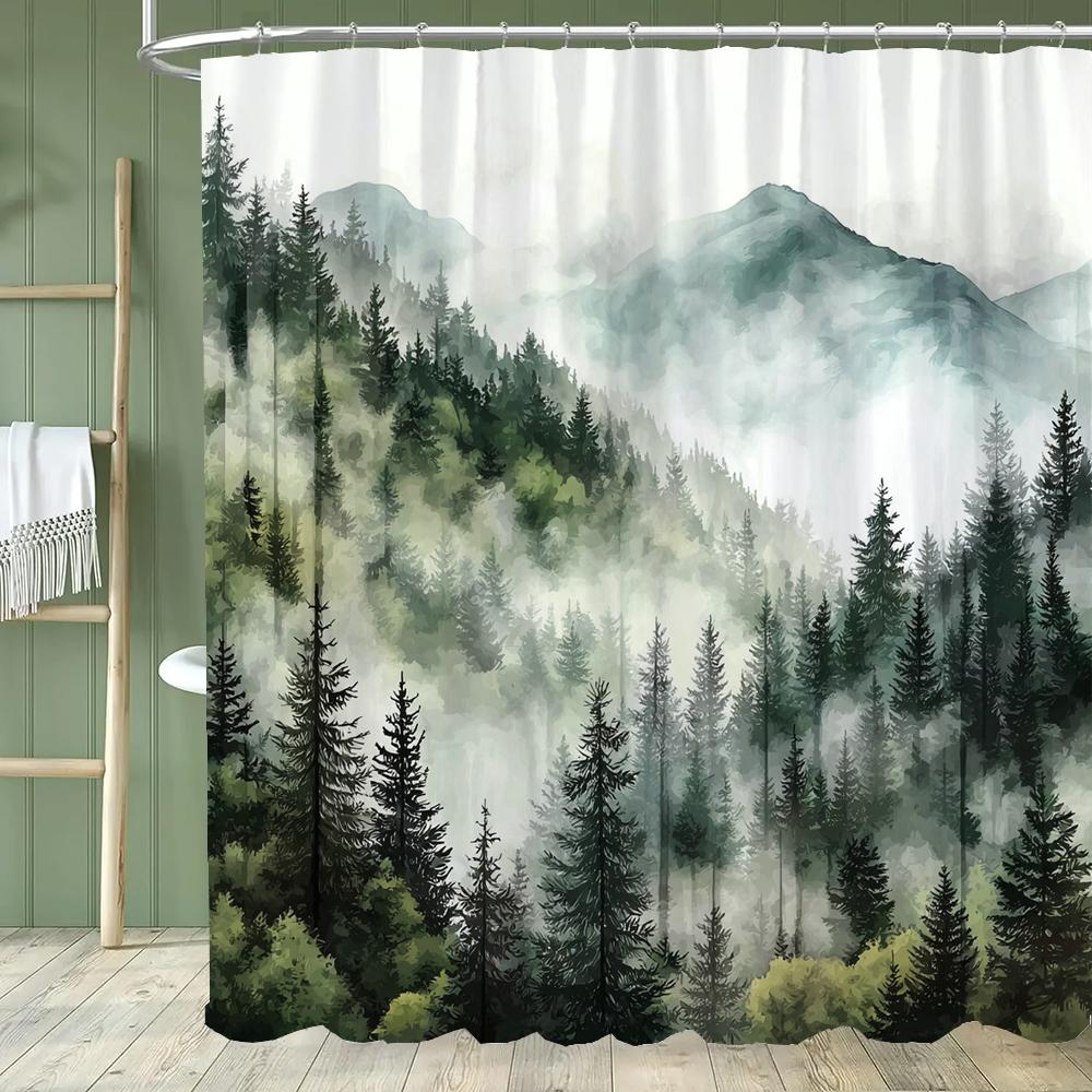 Misty Mountain Shower Curtain: Embrace the Serene Design, Soft Fabric, Natural Landscape Bathroom Decorative Curtain With Hooks