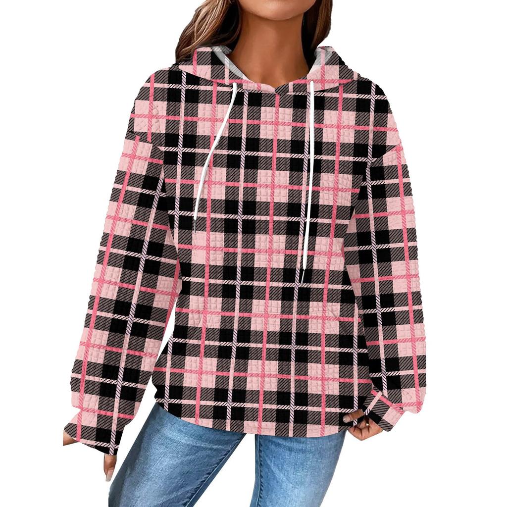 Damenmode Lockerer Kapuzenpullover Langarm Kariertes Sweatshirt mit Kordelzug Überschnittene Schultern und Tasche Print Top