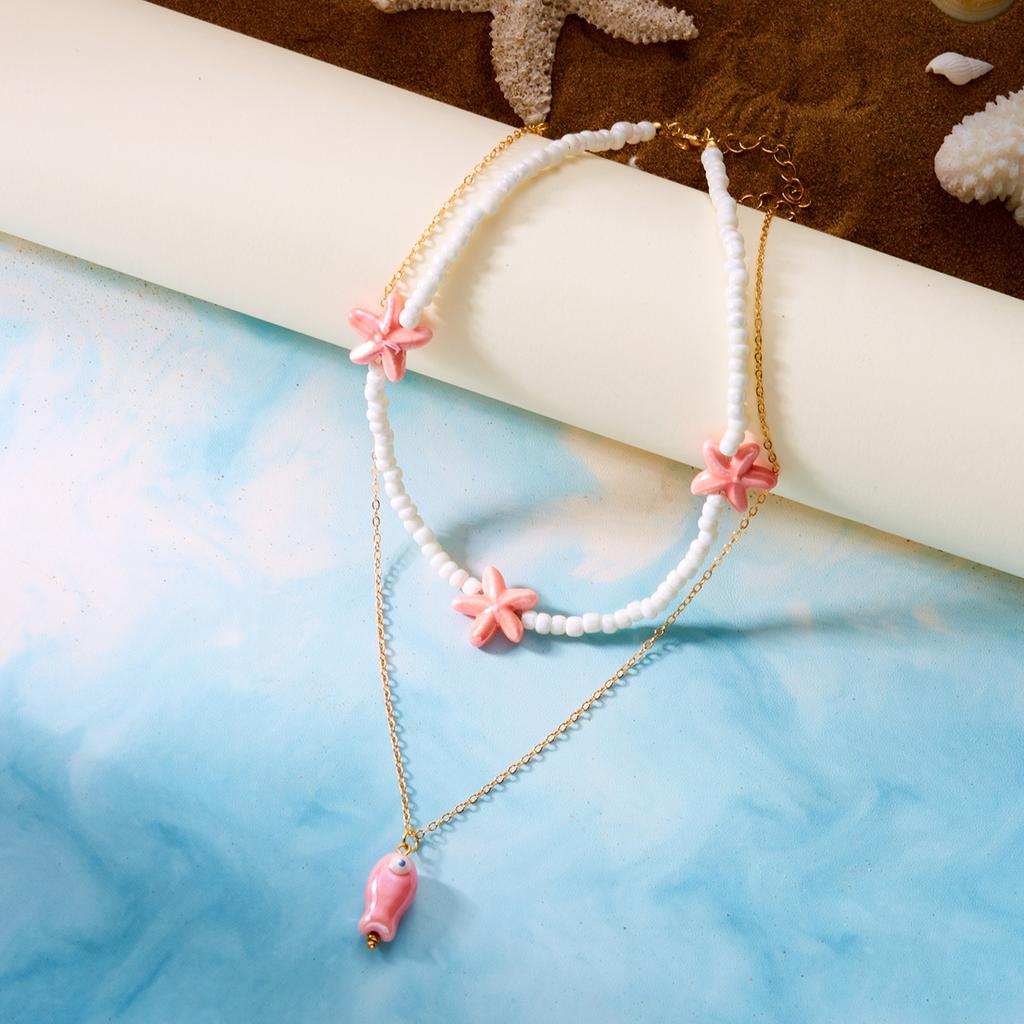Bohemian Ceramic Small Fish Starfish Chain Necklace for Women Handmade Beaded Double Layer Necklace Friendship Jewelry GIfts