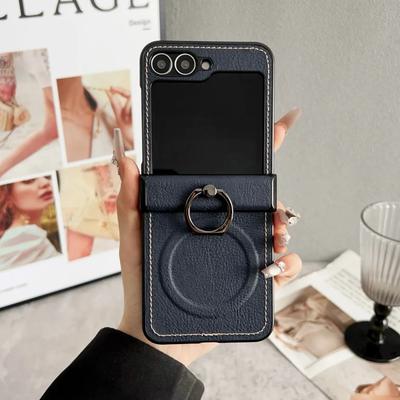 Retro-Leder-Ringhalter-Telefonhülle für Samsung Galaxy Z Flip 6 5 4 Flip6 Flip5 Flip4 Flip3 5G Schutzhülle mit magnetischem Scharnier