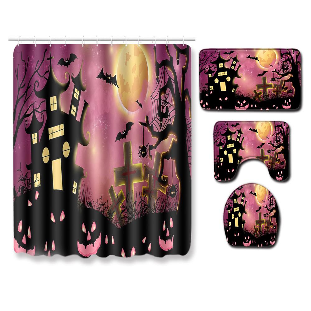 Halloween Shower Curtain Floor Mat Combination Four-Piece Set Bathroom Toilet Carpet Shower Room Foot Mat
