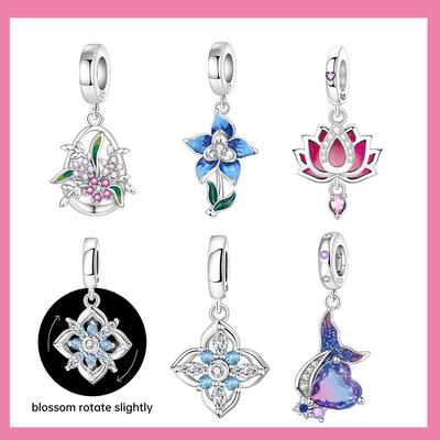 Copperrotatable Blue Flower Mermaid Tail Charms Beads Fit Original Bracelet Necklace Fine Jewelry Women Diy Gifts