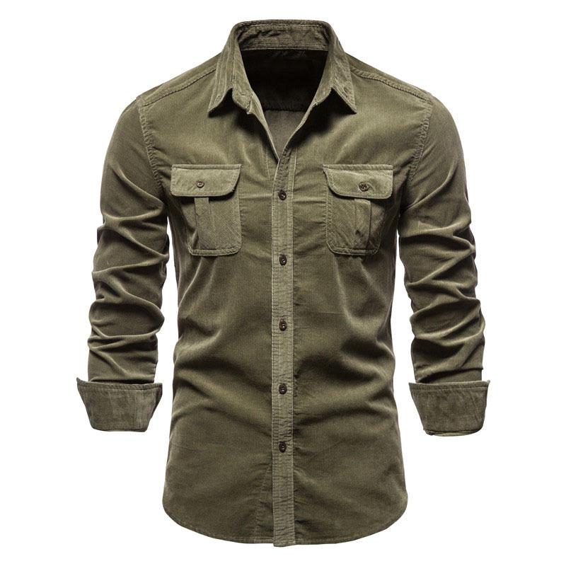 

Men s Casual Slim-Fit Corduroy Shirt - Long-Sleeve, Cotton, Autumn Collection XXL зелений