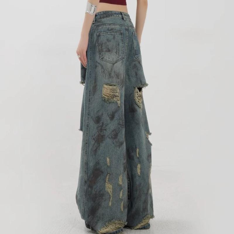 Damskie jeansy vintage z efektem rozpryskującej się farby, postarzane, z szerokimi nogawkami rozszerzanymi ku dołowi - wysoki stan, wyszczuplające, z drapowaniem, na wiosnę lato