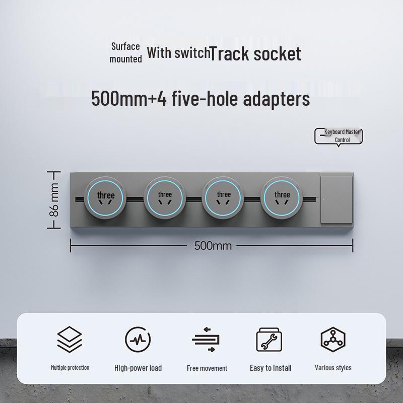 Surface-Mounted Anti-Shock Adjustable Power Strip with Switch Track for Kitchens