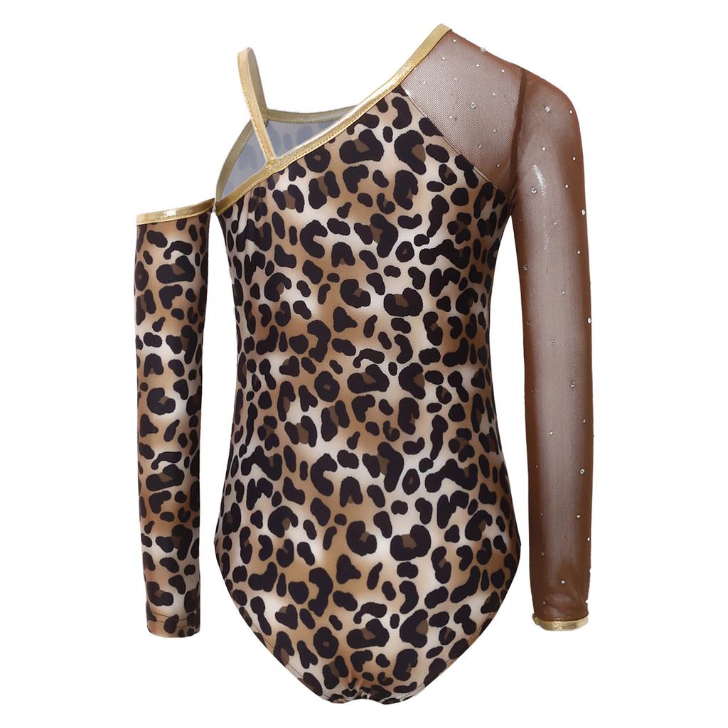 Kids Girls Leopard Printed Gymnastics Ballet Leotards Dance Performance Costume Rhinestones Caveman Jumpsuit with Oversleeve