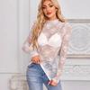 Dames Sheer Kant Mesh Lange Mouw Slim Fit Semi Hoge Hals Casual Basis Blouse