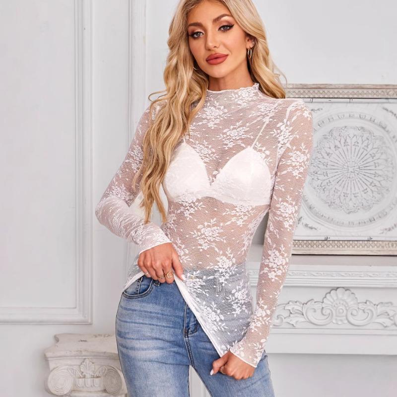 Dames Sheer Kant Mesh Lange Mouw Slim Fit Semi Hoge Hals Casual Basis Blouse